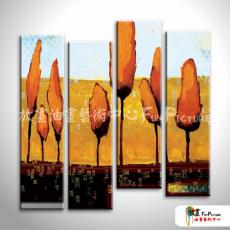 4拼風景樹B47 純手繪 油畫 直幅*4 黃褐 暖色系 印象 造型 無框畫 民宿 餐廳 裝潢 室內設計