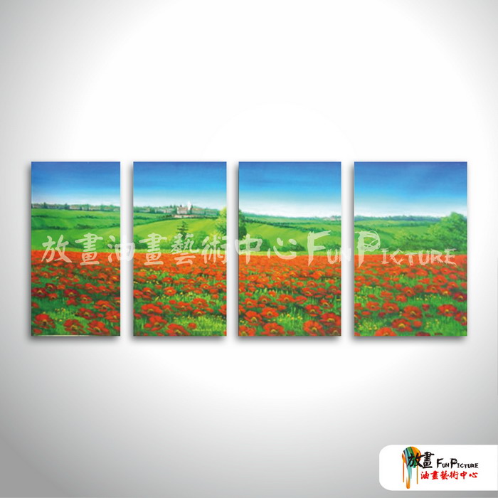 4拼田園風景B11 純手繪 油畫 直幅*4 紅綠 中性色系 寫實 掛畫 無框畫 餐廳 裝潢 室內設計