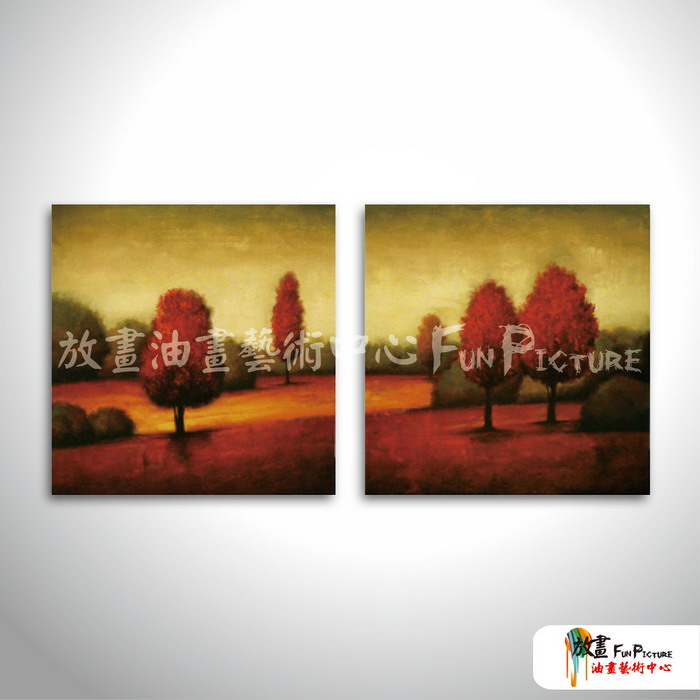 2拼風景樹14 純手繪 油畫 方形*2 紅褐 暖色系 掛畫 裝飾 無框畫 民宿 餐廳 裝潢 室內設計