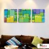 3拼抽象137 純手繪 油畫 方形*3 綠紫 冷色系 幾何 裝飾 無框畫 民宿 餐廳 裝潢 室內設計