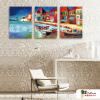 3拼海濱風景H65 純手繪 油畫 直幅*3 紅藍 中性色系 裝飾 無框畫 民宿 餐廳 裝潢 室內設計