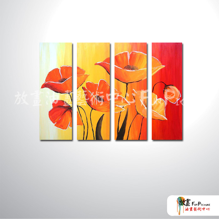 4拼花卉B14 純手繪 油畫 直幅*4 紅橙 暖色系 印象 掛畫 無框畫 民宿 餐廳 裝潢 室內設計