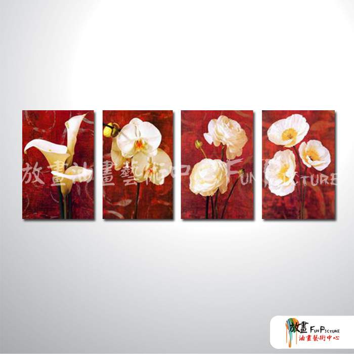 4拼花卉E02 純手繪 油畫 直幅*4 紅底 暖色系 寫實 掛畫 無框畫 民宿 餐廳 裝潢 室內設計