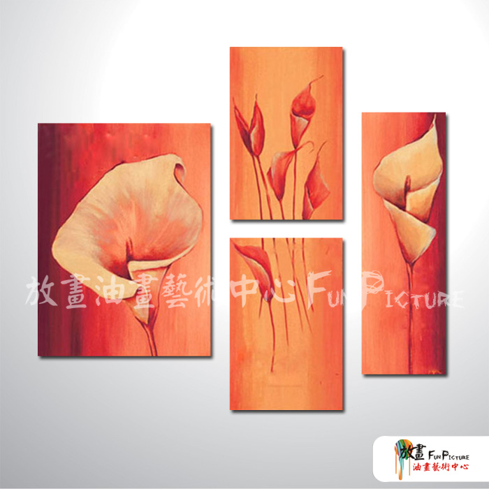 4拼花卉G10 純手繪 油畫 直幅*4 紅橙 暖色系 印象 造型 無框畫 民宿 餐廳 裝潢 室內設計