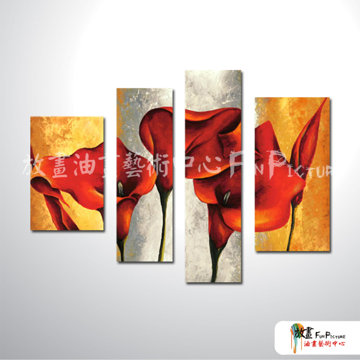 4拼花卉G16 純手繪 油畫 直幅*4 紅褐 暖色系 印象 造型 無框畫 民宿 餐廳 裝潢 室內設計