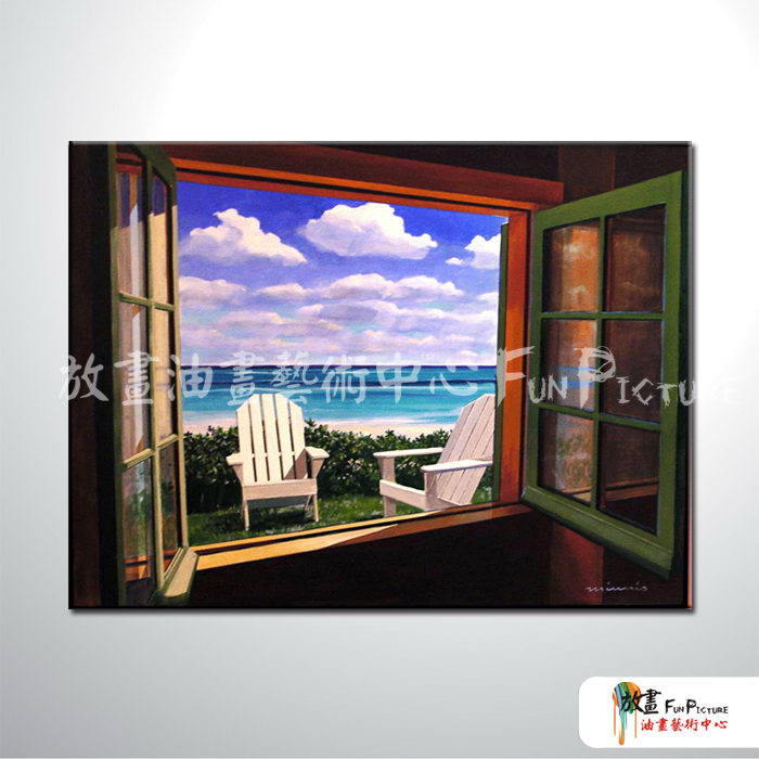 門窗景94 純手繪 油畫 橫幅 藍綠 冷色系 裝飾 畫飾 無框畫 民宿 餐廳 裝潢 室內設計