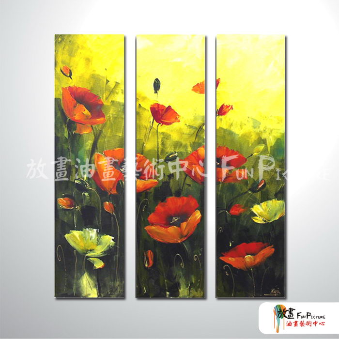 3拼花卉B05 純手繪 油畫 直幅*3 黃紅 暖色系 藝術品 裝飾 畫飾 無框畫 民宿 餐廳 室內設計