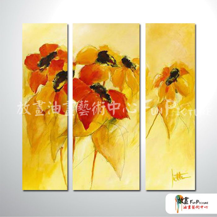 3拼花卉B08 純手繪 油畫 直幅*3 黃褐 暖色系 藝術品 裝飾 畫飾 無框畫 民宿 餐廳 室內設計
