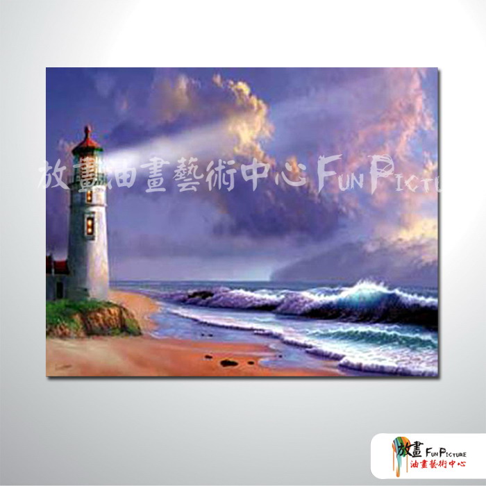 燈塔02 純手繪 油畫 橫幅 藍底 冷色系 浪漫 沙灘 海灣 海浪 夕陽 裝潢 室內設計 客廳掛畫