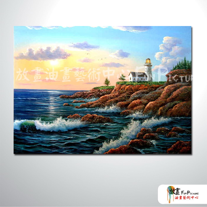 燈塔08 純手繪 油畫 橫幅 褐藍 中性色系 浪漫 沙灘 海灣 海浪 夕陽 裝潢 室內設計 客廳掛畫