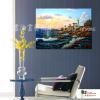 燈塔08 純手繪 油畫 橫幅 褐藍 中性色系 浪漫 沙灘 海灣 海浪 夕陽 裝潢 室內設計 客廳掛畫