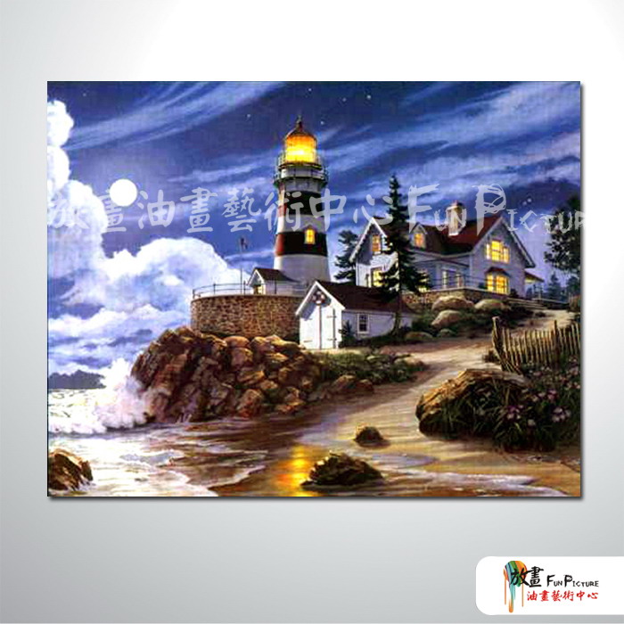 燈塔16 純手繪 油畫 橫幅 藍褐 中性色系 浪漫 沙灘 海灣 海浪 夕陽 裝潢 室內設計 客廳掛畫