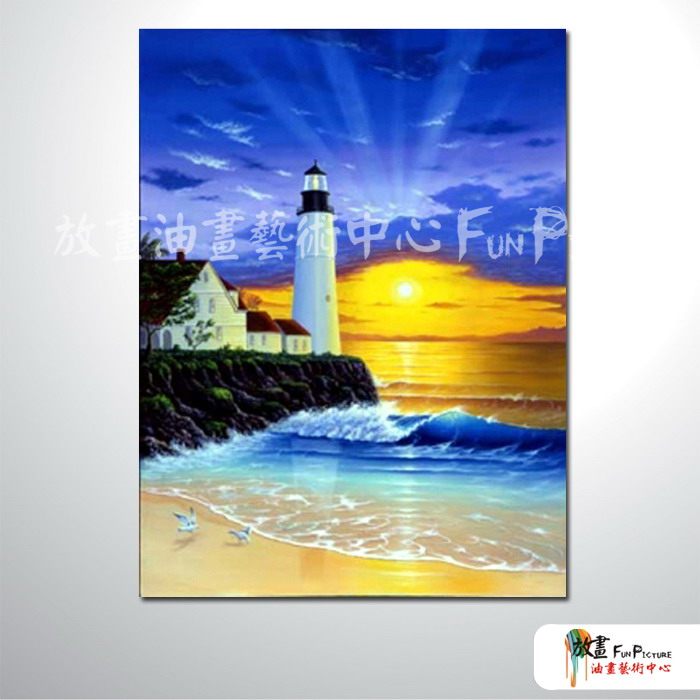 燈塔21 純手繪 油畫 直幅 黃藍 中性色系 浪漫 沙灘 海灣 海浪 夕陽 裝潢 室內設計 客廳掛畫