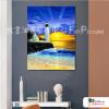 燈塔21 純手繪 油畫 直幅 黃藍 中性色系 浪漫 沙灘 海灣 海浪 夕陽 裝潢 室內設計 客廳掛畫
