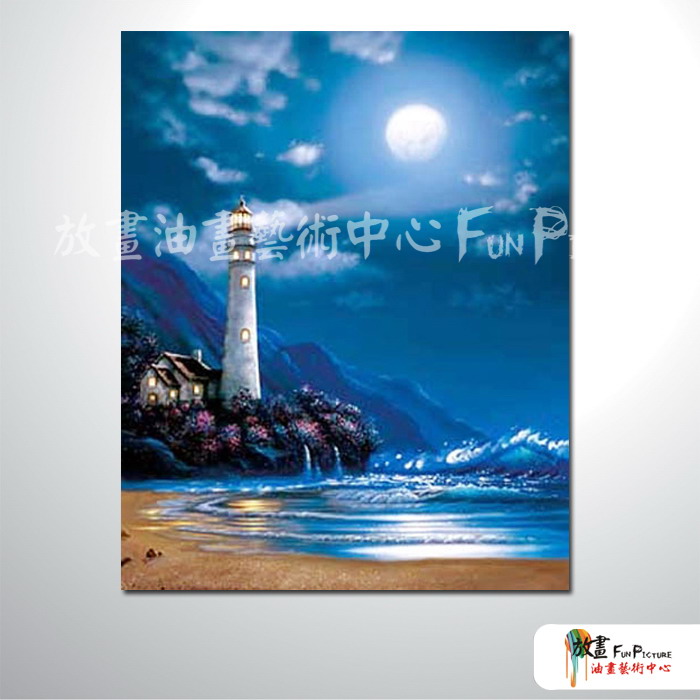 燈塔22 純手繪 油畫 直幅 藍底 冷色系 浪漫 沙灘 海灣 海浪 夕陽 裝潢 室內設計 客廳掛畫