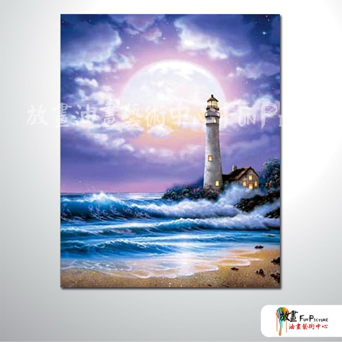 燈塔23 純手繪 油畫 直幅 藍底 冷色系 浪漫 沙灘 海灣 海浪 夕陽 裝潢 室內設計 客廳掛畫