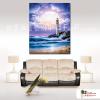 燈塔23 純手繪 油畫 直幅 藍底 冷色系 浪漫 沙灘 海灣 海浪 夕陽 裝潢 室內設計 客廳掛畫