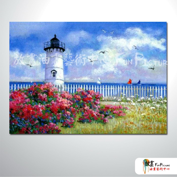 燈塔31 純手繪 油畫 橫幅 藍紅 中性色系 浪漫 沙灘 海灣 海浪 夕陽 裝潢 室內設計 客廳掛畫
