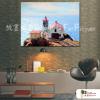 燈塔34 純手繪 油畫 橫幅 褐藍 中性色系 浪漫 沙灘 海灣 海浪 夕陽 裝潢 室內設計 客廳掛畫