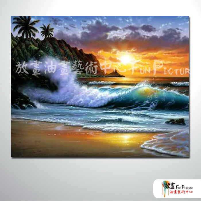 浪景A07 純手繪 油畫 橫幅 橙綠 中性色系 浪漫 沙灘 海灣 海浪 夕陽 裝潢 室內設計 客廳掛畫