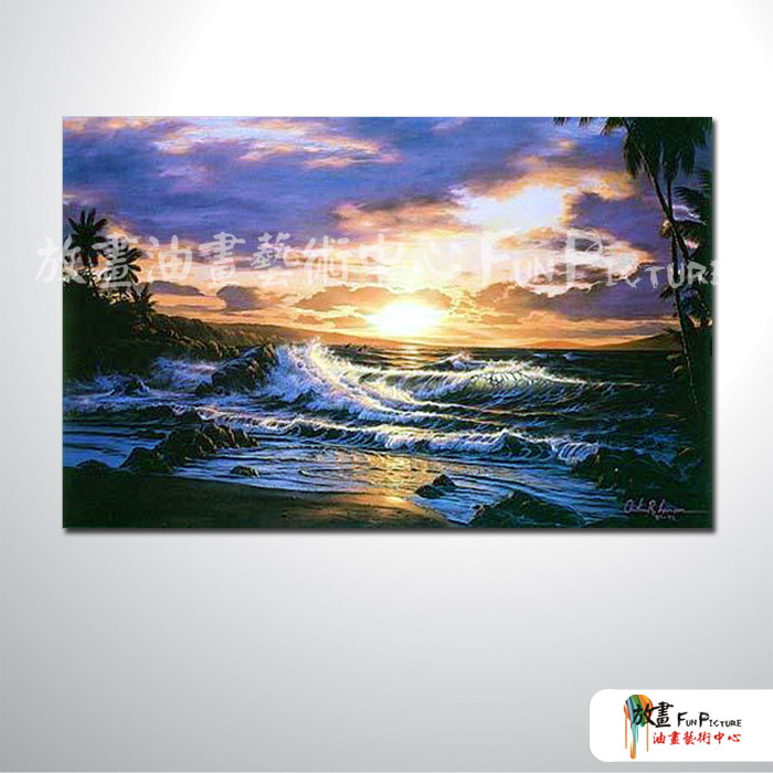 浪景A11 純手繪 油畫 橫幅 藍綠 冷色系 浪漫 沙灘 海灣 海浪 夕陽 裝潢 室內設計 客廳掛畫