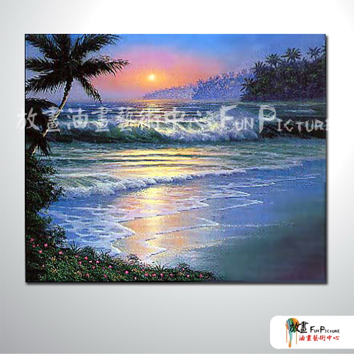 浪景A13 純手繪 油畫 橫幅 藍底 冷色系 浪漫 沙灘 海灣 海浪 夕陽 裝潢 室內設計 客廳掛畫