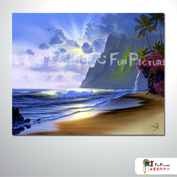 浪景A16 純手繪 油畫 橫幅 藍灰 中性色系 浪漫 沙灘 海灣 海浪 夕陽 裝潢 室內設計 客廳掛畫