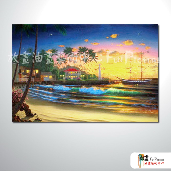 海景A20 純手繪 油畫 橫幅 橙藍 中性色系 浪漫 沙灘 海灣 海浪 夕陽 裝潢 室內設計 客廳掛畫