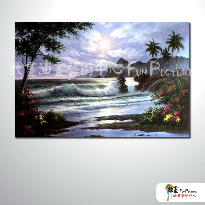浪景A29 純手繪 油畫 橫幅 藍灰 中性色系 浪漫 沙灘 海灣 海浪 夕陽 裝潢 室內設計 客廳掛畫