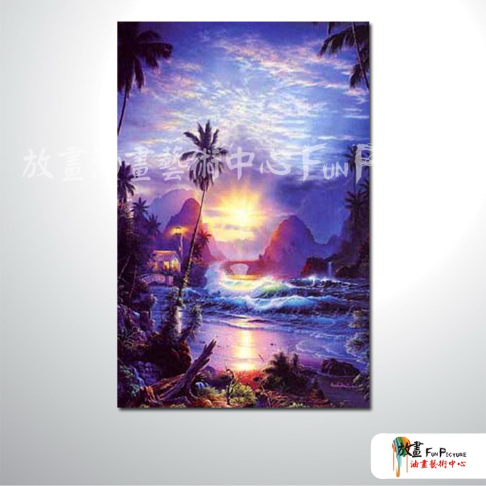 浪景A33 純手繪 油畫 直幅 藍紫 冷色系  浪漫 沙灘 海灣 海浪 夕陽 裝潢 室內設計 客廳掛畫