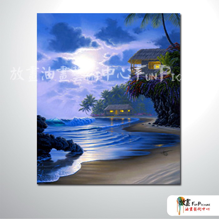 浪景A36 純手繪 油畫 直幅 藍底 冷色系  浪漫 沙灘 海灣 海浪 夕陽 裝潢 室內設計 客廳掛畫