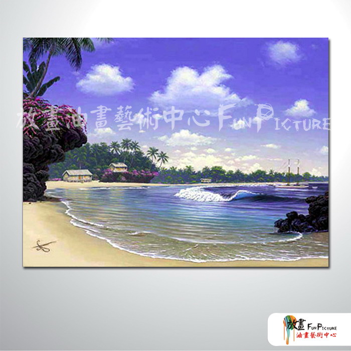 海景A40 純手繪 油畫 橫幅 藍底 冷色系 浪漫 沙灘 海灣 海浪 夕陽 裝潢 室內設計 客廳掛畫