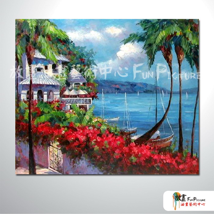 海景A44 純手繪 油畫 橫幅 藍紅 中性色系 浪漫 沙灘 海灣 海浪 夕陽 裝潢 室內設計 客廳掛畫
