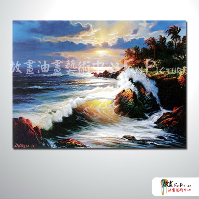 浪景A52  純手繪 油畫 橫幅 褐藍 中性色系 浪漫 沙灘 海灣 海浪 夕陽 裝潢 室內設計 客廳掛畫