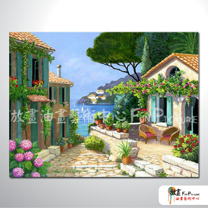 地中海風景A120 純手繪 油畫 橫幅 多彩 冷色系 裝飾 畫飾 無框畫 民宿 餐廳 裝潢 室內設計