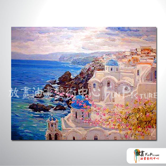 地中海風景A122 純手繪 油畫 橫幅 多彩 冷色系 裝飾 畫飾 無框畫 民宿 餐廳 裝潢 室內設計
