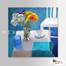 裝飾花卉B030 純手繪 油畫 方形 藍底 冷色系 裝飾 畫飾 無框畫 民宿 餐廳 裝潢 室內設計