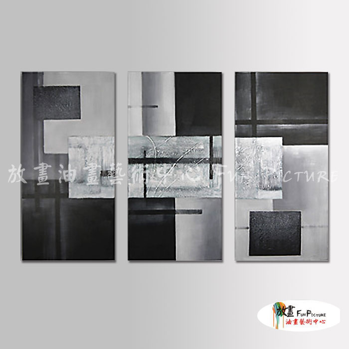 3拼抽象A023黑白灰 純手繪 油畫 直幅*3 灰黑 中性色系 裝飾 幾何 無框畫 民宿 餐廳 裝潢