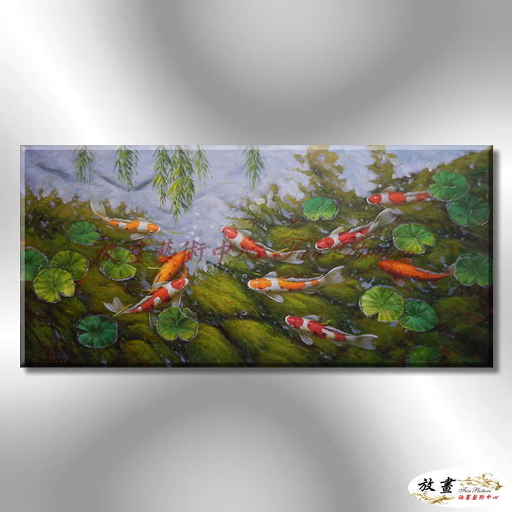 九如魚001 純手繪 油畫 橫幅 多彩 暖色系 招財 求運 開運畫 事事如意 客廳掛畫 藝品 年年有餘
