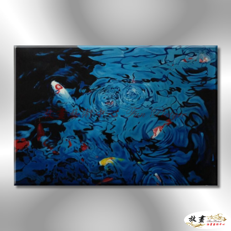 九如魚039 純手繪 油畫 橫幅 藍色 冷色系 招財 求運 開運畫 事事如意 客廳掛畫 藝品 年年有餘