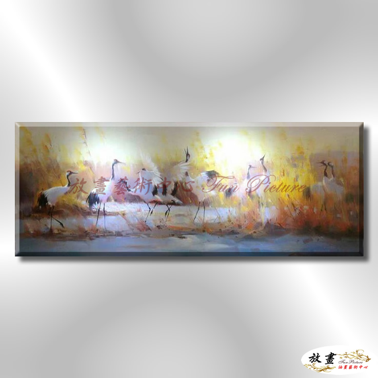 松鶴延年25 純手繪 油畫 橫幅 黃褐 暖色系 掛畫 溫和 優雅 振翅起舞 裝潢設計 藝品 增壽延年