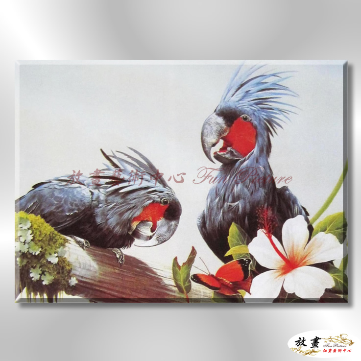 鸚鵡35 純手繪 油畫 橫幅 灰色 中性色系 高寫實 掛畫 藝品 五彩繽紛 鳥語花香 裝潢 室內設計