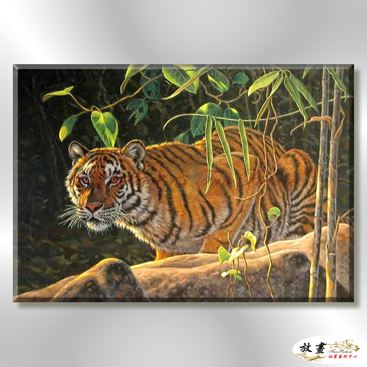 老虎35 純手繪 油畫 橫幅 褐綠 中性色系 動物 大自然 藝術畫 掛畫 生肖 客廳 裝潢 室內設計