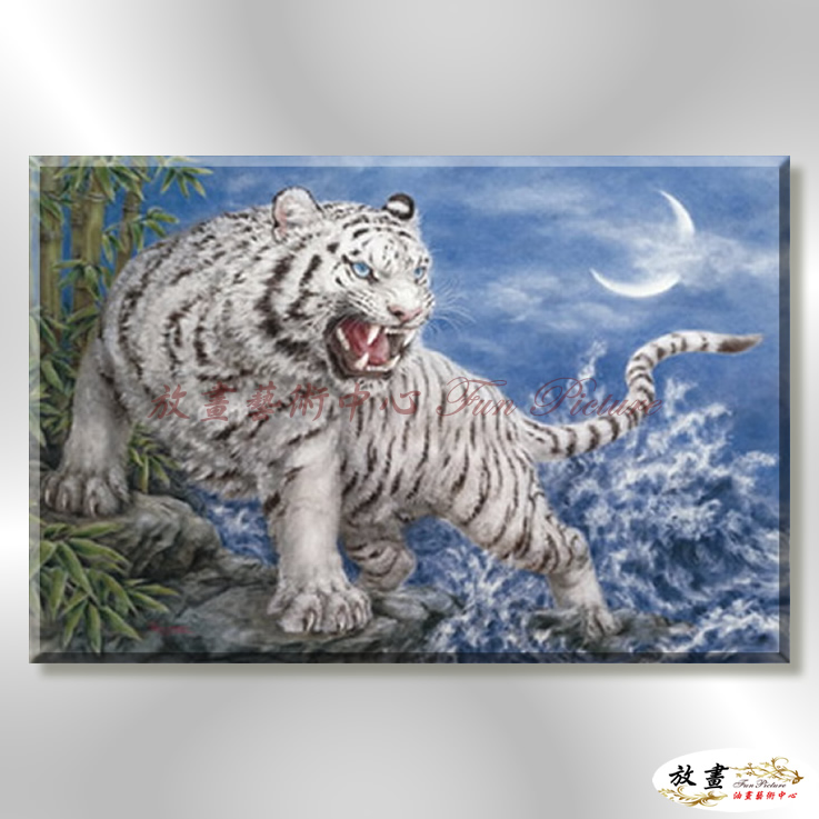 老虎40 純手繪 油畫 橫幅 藍白 中性色系 動物 大自然 藝術畫 掛畫 生肖 客廳 裝潢 室內設計