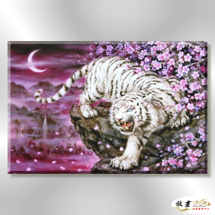 老虎41 純手繪 油畫 橫幅 紫白 中性色系 動物 大自然 藝術畫 掛畫 生肖 客廳 裝潢 室內設計