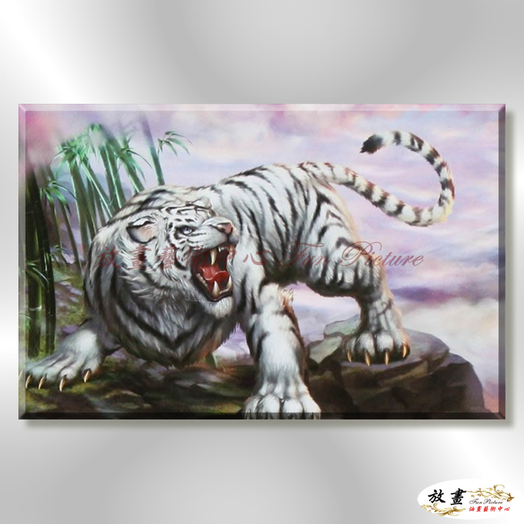 老虎42 純手繪 油畫 橫幅 紫白 中性色系 動物 大自然 藝術畫 掛畫 生肖 客廳 裝潢 室內設計
