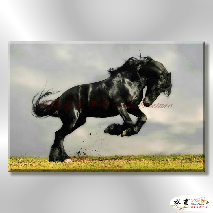 馬36 純手繪 油畫 橫幅 黑綠 中性色系 動物 大自然 藝術畫 掛畫 生肖 客廳 裝潢 實拍影片