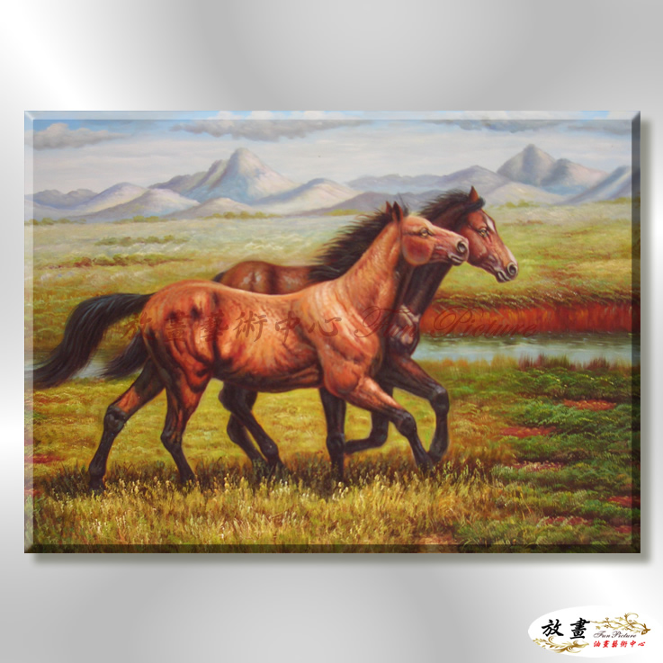 馬44 純手繪 油畫 橫幅 褐綠 中性色系 動物 大自然 藝術畫 掛畫 生肖 客廳 裝潢 室內設計