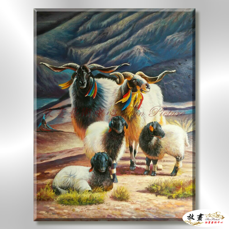 羊14 純手繪 油畫 直幅 藍褐 中性色系 動物 大自然 藝術畫 掛畫 生肖 客廳 裝潢 室內設計