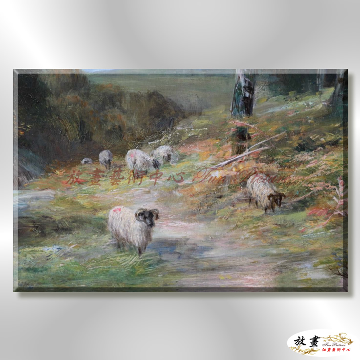羊15 純手繪 油畫 橫幅 灰綠 中性色系 動物 大自然 藝術畫 掛畫 生肖 客廳 裝潢 室內設計